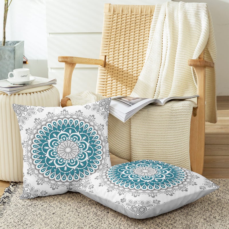 CaliTime Throw Pillow Covers Pack of 2 Cozy Fleece Mandala Dahlia Floral Medallion Compass Style Cushion Cases for Couch Bed Sofa Farmhouse Decoration 18 X 18 Inches Teal Grey - Image 4